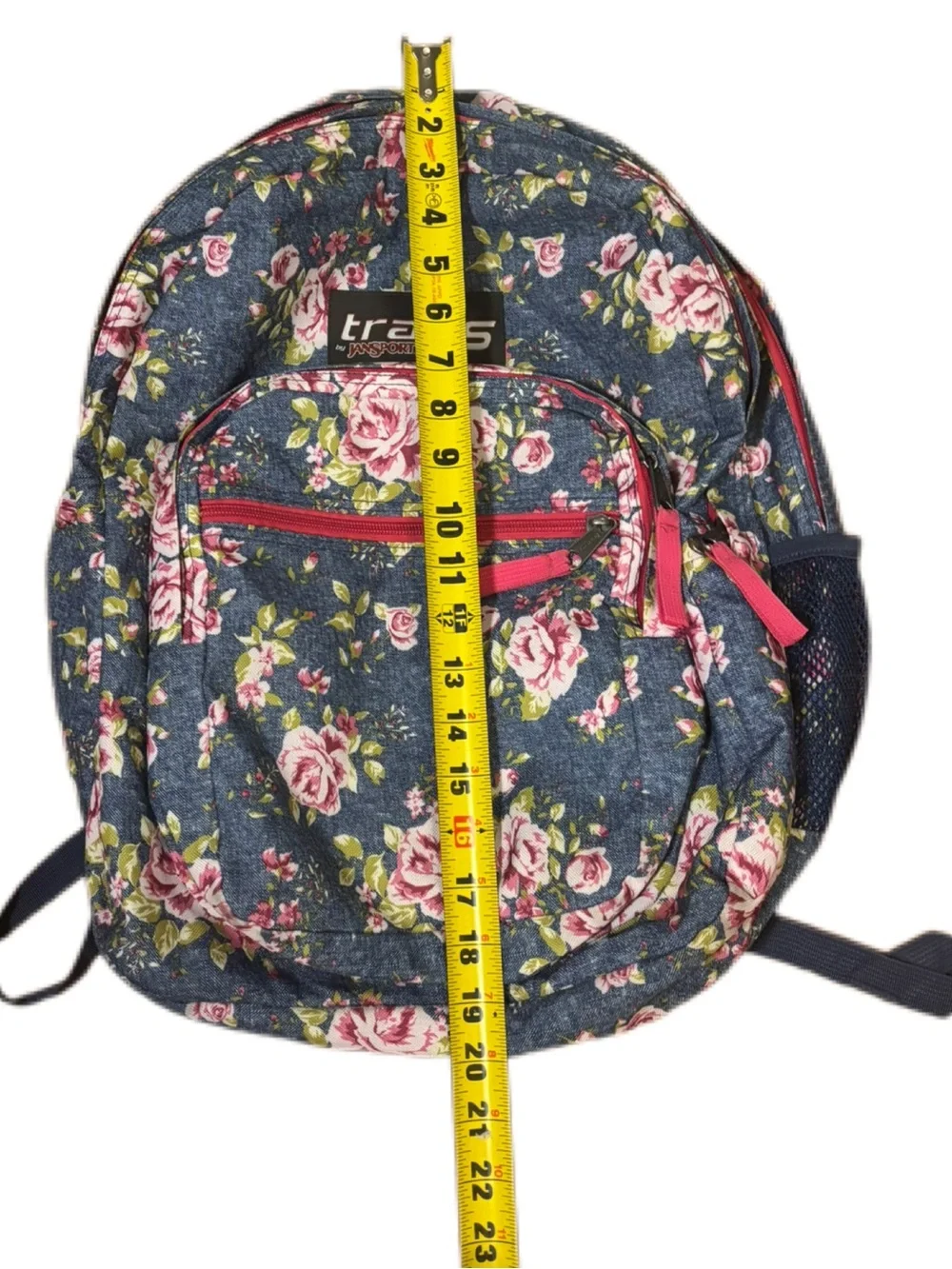 JanSport Trans Floral Denim Backpack Pink Roses School Bag EUC
